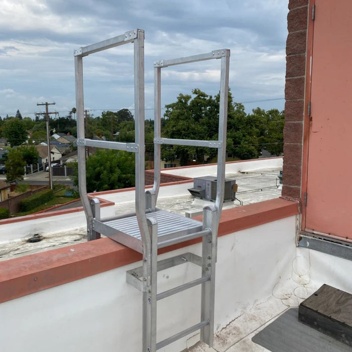 12' Roofing Ladder with Crossover Platform, Guardrails and Return ladder, Wall Mount, Silver