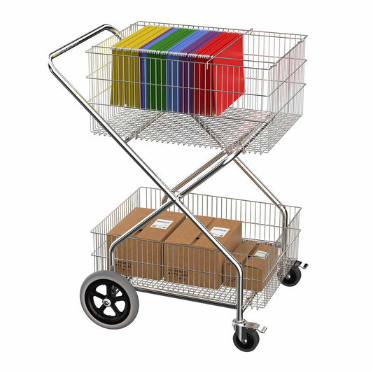 Rolling Double Basket Wire Mail Cart with Wheels, 25.59"D x 33.86"W x 32.87"H