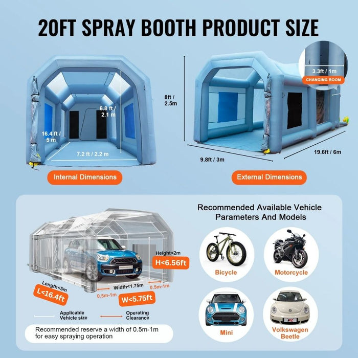 Inflatable Spray Booth 20'L x 10'W x 8'H with 480W + 750W Blowers, Spray Booth Tent Air Filter System – Car Paint Tent for Auto Painting, Car Parking Tent, Workstation, and Motorcycle Garage