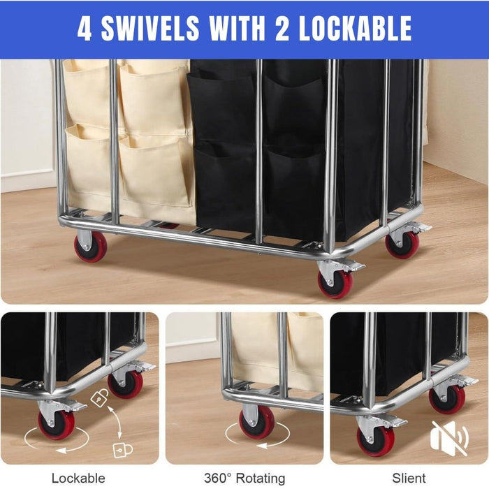 Commercial Laundry Cart w/ Handle, 12 Bushel, 42"L x 26"W x 33.8"H, 2 Canvas Bag and 8 Side Bags