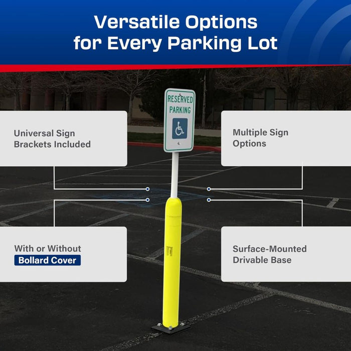 Impact Recovery Handicap Parking Post w/o Sign, w/ Yellow Bollard Cover, 78"/102" Height Adjustable