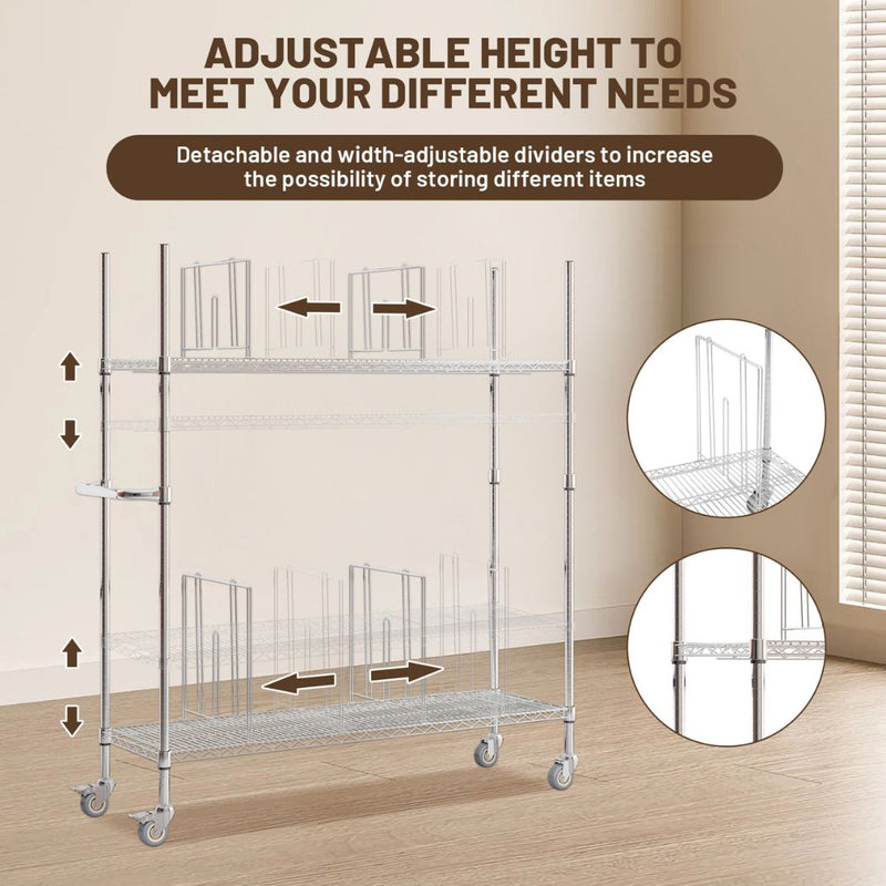 2-Shelf Steel Carton Stand w/ Casters & 8 Dividers, 60"L x 18"W x 69"H, Chrome