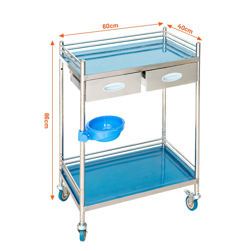 Holzoffer 2 Layers Lab Serving Cart, Lab Utility Rolling Stainless Steel Medical Clinic Trolley with 2 Drawers Lockable Wheels