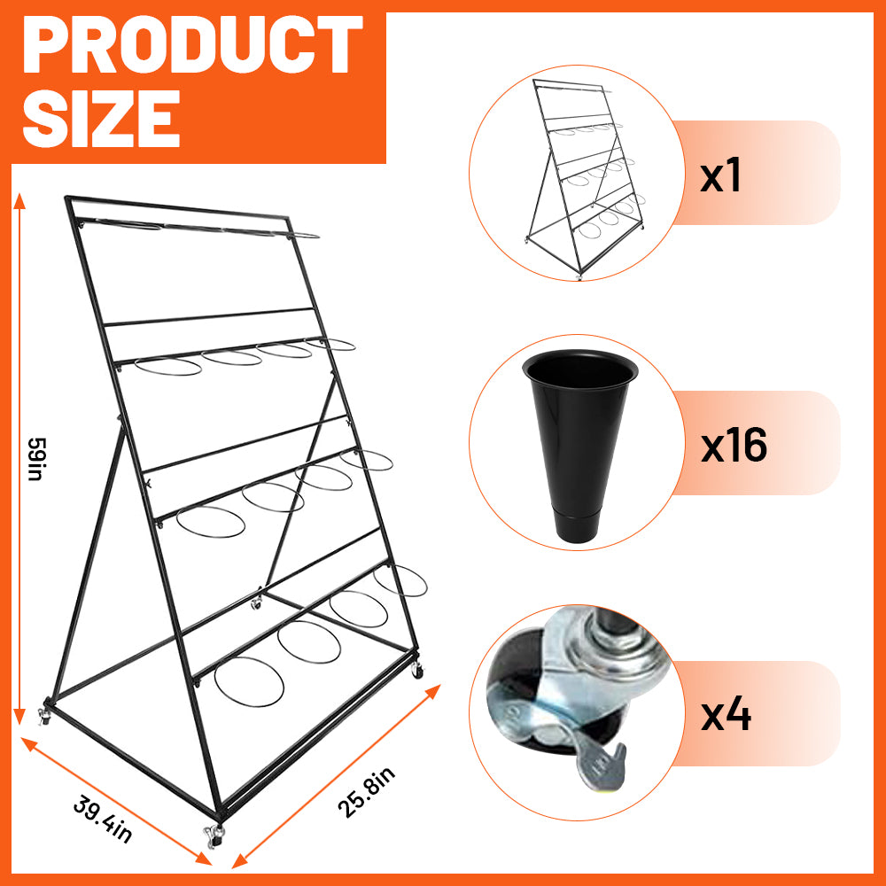 Holzoffer Flower Display Stand with 16pcs Buckets, Heavy Duty  4 Layers Metal Plant Cart Shelf with Wheels