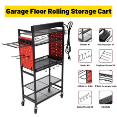 Holzoffer Power Tool Organizer Cart with Charging Station, Garage Floor Rolling Storage Cart on 4 Wheels for Mechanic