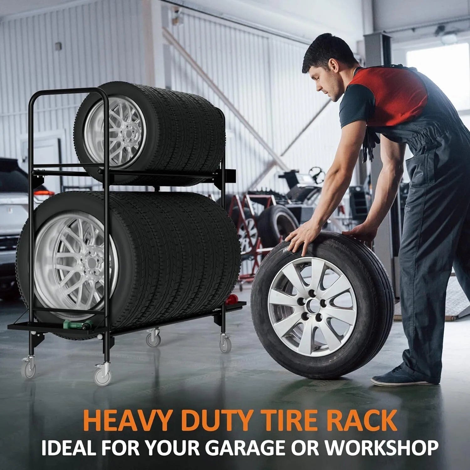 Holzoffer Tire Rack, Tire Rack for Garage, Tire Storage Rack, Heavy Duty Tire Rack, Rolling Tire Shelf, Car Tire Stand with Wheels, Workshop Shelving