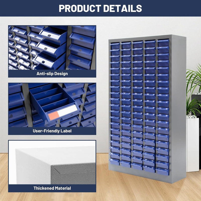 100 Bin Drawer Storage Cabinet, 23.3"W x 8.5"D x 45"H, Steel Parts Organizer for Nuts, Bolts, Screws & Small Components