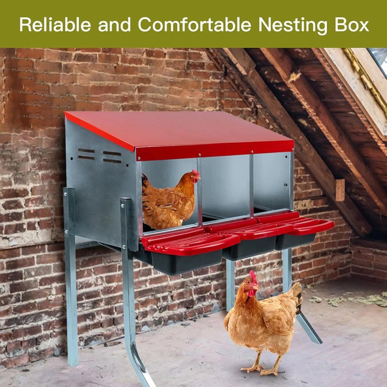 Holzoffer 3 Compartment Roll Out Nesting Box for Chickens, 3 Hole Metal Chicken Egg Laying Box for Up to 15 Hens, Heavy Duty Chicken Coop Nesting Box with Roll Away Easy Egg Collection and Perch