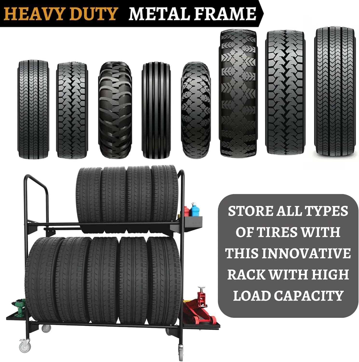 Holzoffer Tire Rack, Tire Rack for Garage, Tire Storage Rack, Heavy Duty Tire Rack, Rolling Tire Shelf, Car Tire Stand with Wheels, Workshop Shelving