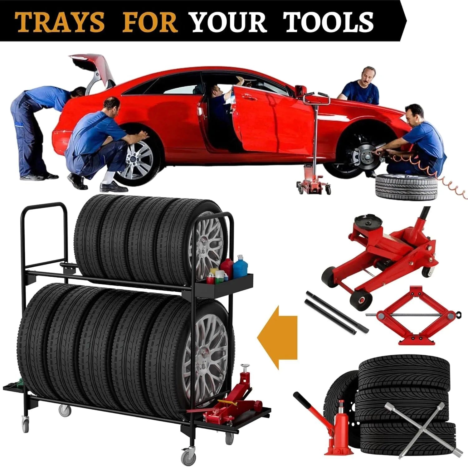 Holzoffer Tire Rack, Tire Rack for Garage, Tire Storage Rack, Heavy Duty Tire Rack, Rolling Tire Shelf, Car Tire Stand with Wheels, Workshop Shelving