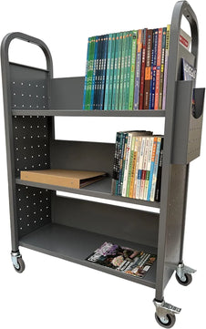 Holzoffer Gray Rolling Book Truck Book Cart with 3 Flat Shelves, Library Book Cart with Swivel Lockable Casters