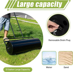 Holzoffer Lawn Roller 17 Gallon Water & Sand Filled, Heavy Duty Steel Sod Drum Roller with U-Shaped Handle, Push/Pull/Tow Behind Yard Roller for Garden Backyard Grass, 37.8''W x 11.81''D x 54.33''H, Black