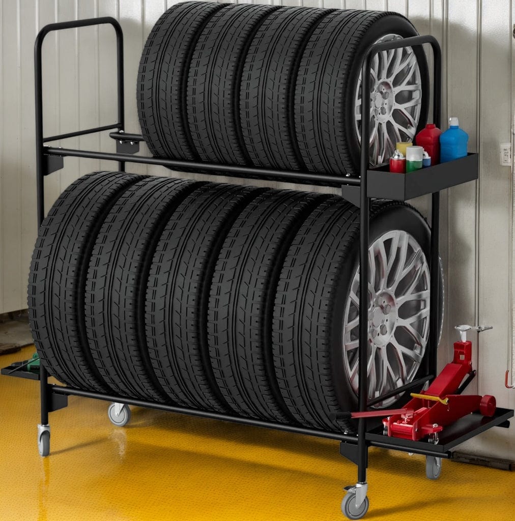 Holzoffer Tire Rack, Tire Rack for Garage, Tire Storage Rack, Heavy Duty Tire Rack, Rolling Tire Shelf, Car Tire Stand with Wheels, Workshop Shelving