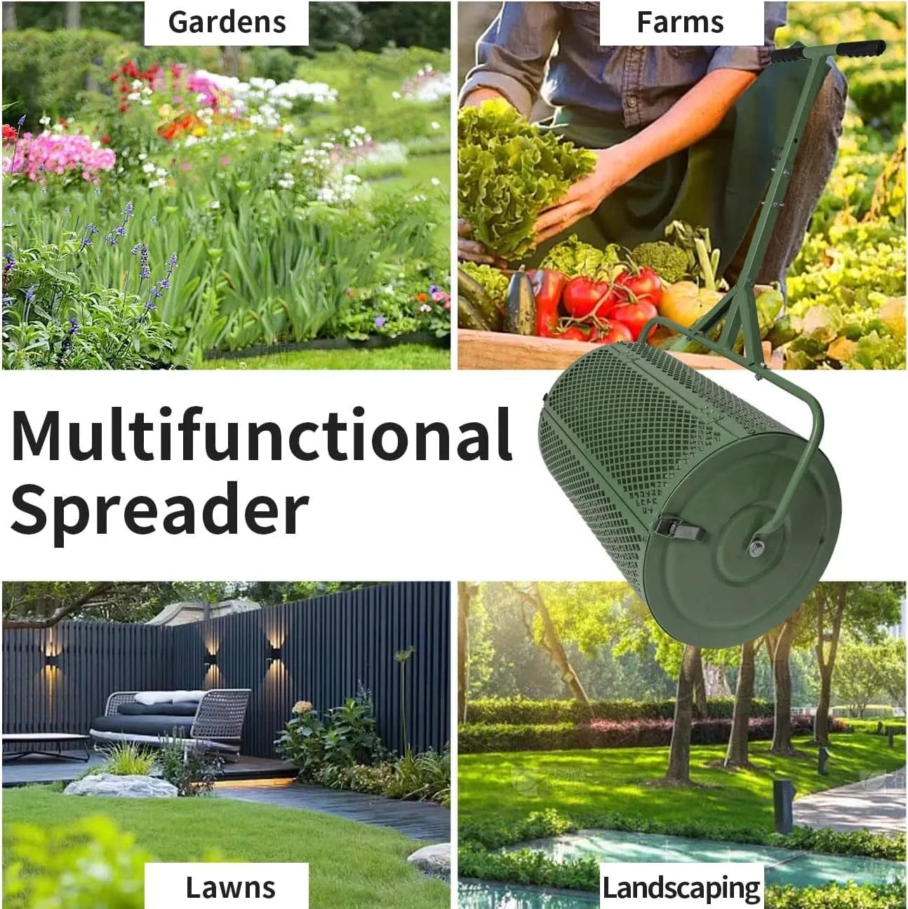 Holzoffer Lawn & Garden Spreader with Upgraded Side Clasps, 22.4-27.6" Height Adjustable Handle, 24" Wide, Peat Moss Spreader and Compost Spreader, Heavy Duty Metal Mesh Basket Topdressing Roller