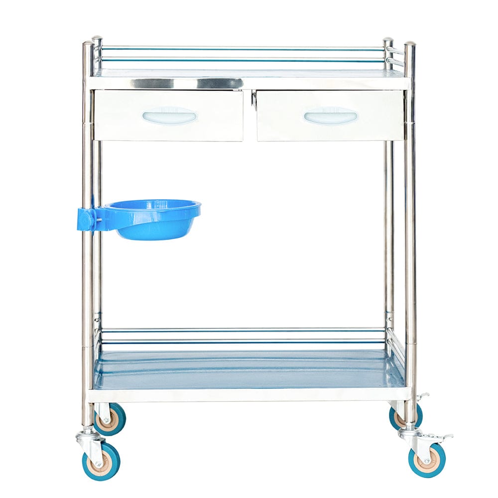 Holzoffer 2 Layers Lab Serving Cart, Lab Utility Rolling Stainless Steel Medical Clinic Trolley with 2 Drawers Lockable Wheels