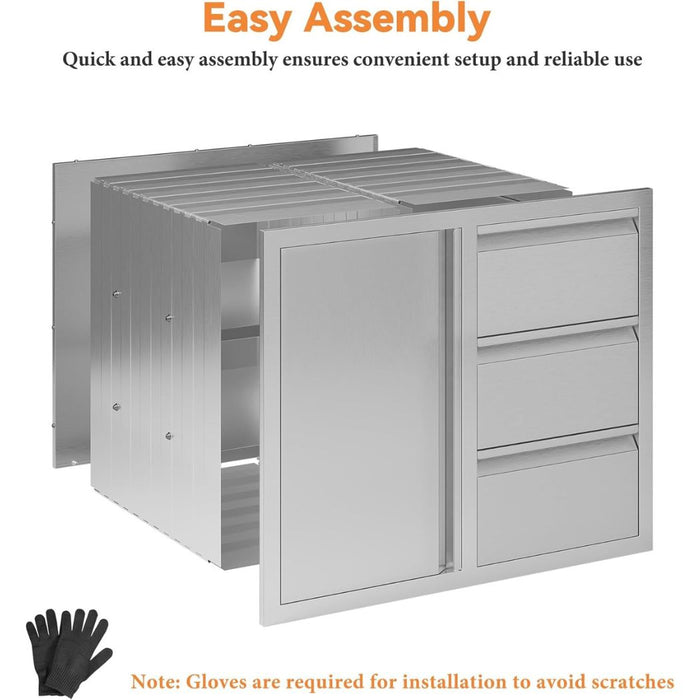3 Drawer Stainless Steel Kitchen Cabinet, 28"W x 20"D x 23"H, Outdoor Kitchen Cabinet