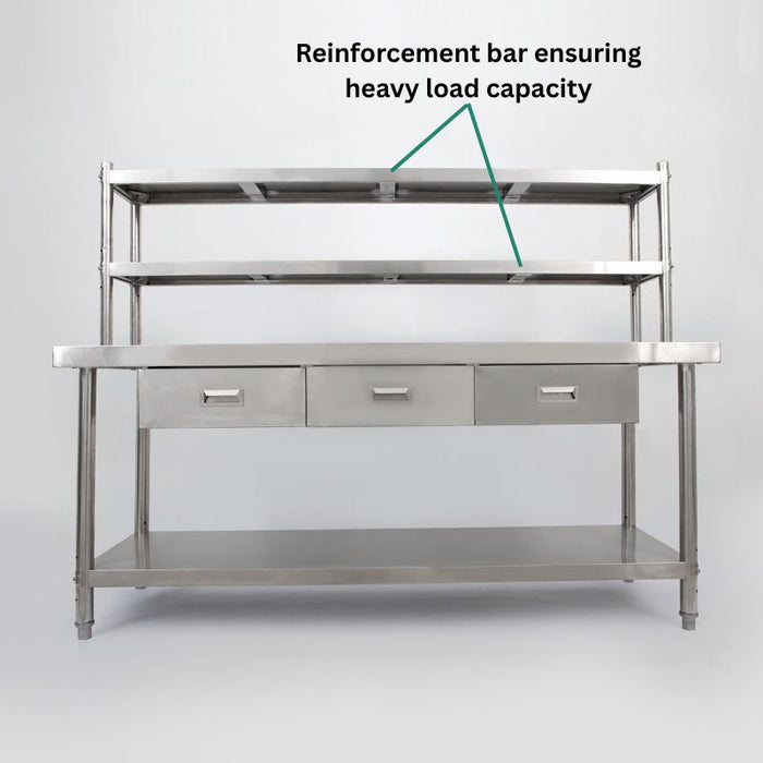 Stainless Steel Table with Overshelves & Drawers, 72" X 24" Work Table with 72" X 12" Shelf & 3 Drawers, Metal Table Prep Table