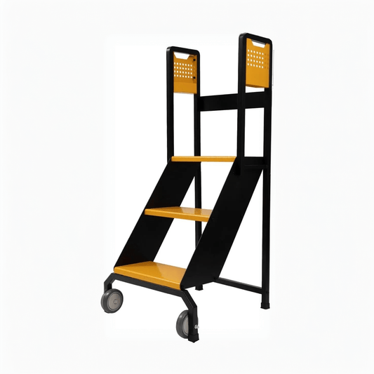 Holzoffer 3-Step Mobile Heavy Duty Ladder with Lockable Wheels,Rolling Ladder, Steel Stepladder for Garage, Factory, Warehouse, 350lbs