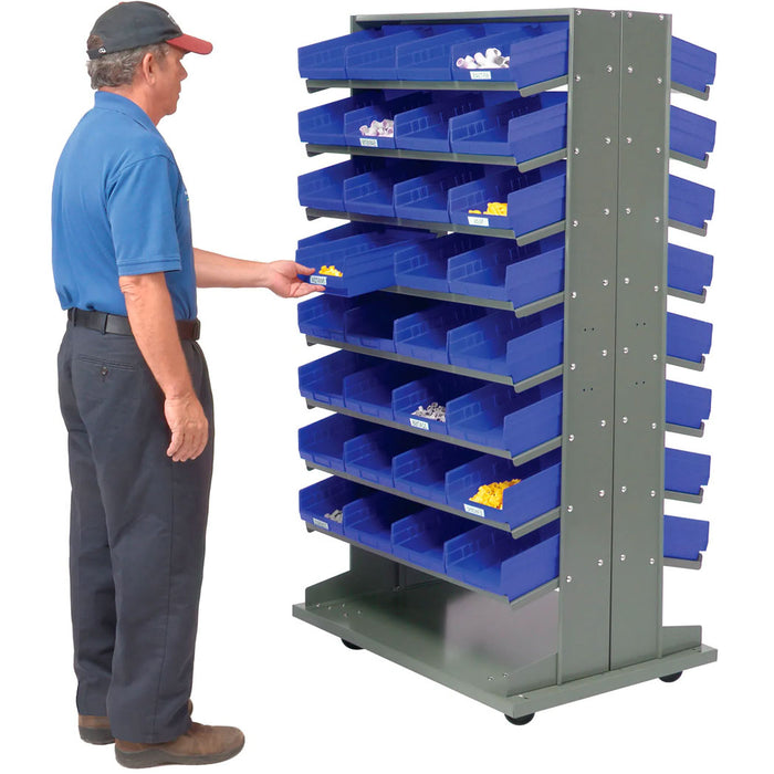16 Shelf Double-Sided Mobile Pick Rack - 64 Blue Plastic Shelf Bin Storage Rack 8" Wide
