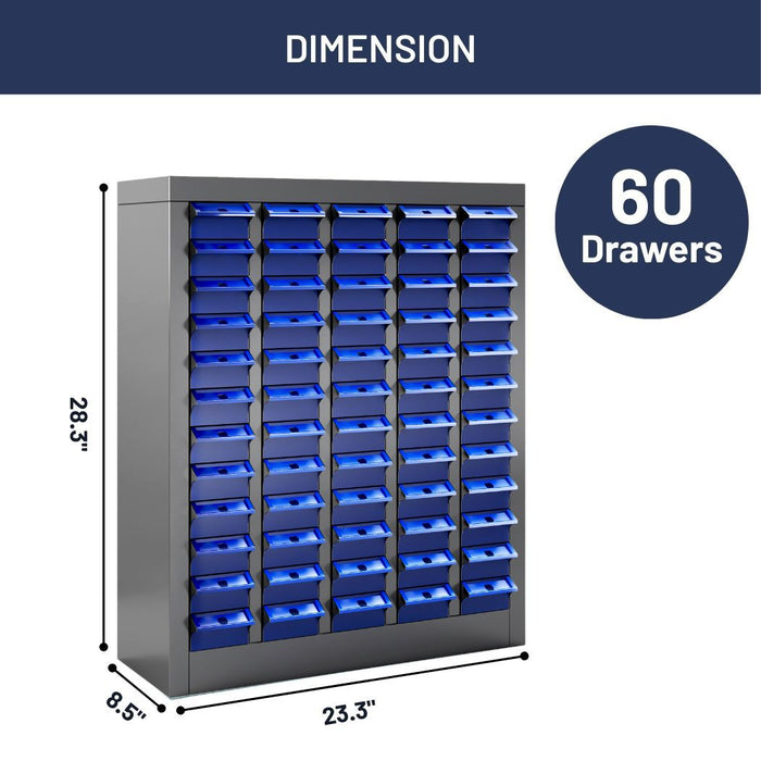 60 Bin Drawer Storage Cabinet, 23.3"W x 8.5"D x 28.3"H, Steel Parts Organizer for Nuts, Bolts, Screws & Small Components