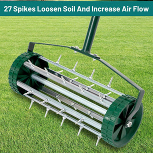 Holzoffer Rolling Manual Lawn Aerator with Fender, Soil Aerator with Handle, Grass Aerator Tools for Yard Lawn Care and Lawns Loosening Soils, Grass Seeding Spiker, Green