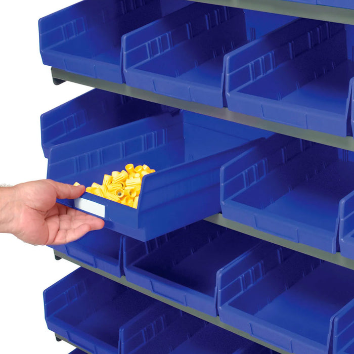 16 Shelf Double-Sided Mobile Pick Rack - 64 Blue Plastic Shelf Bin Storage Rack 8" Wide