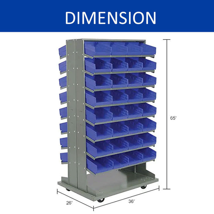16 Shelf Double-Sided Mobile Pick Rack - 64 Blue Plastic Shelf Bin Storage Rack 8" Wide