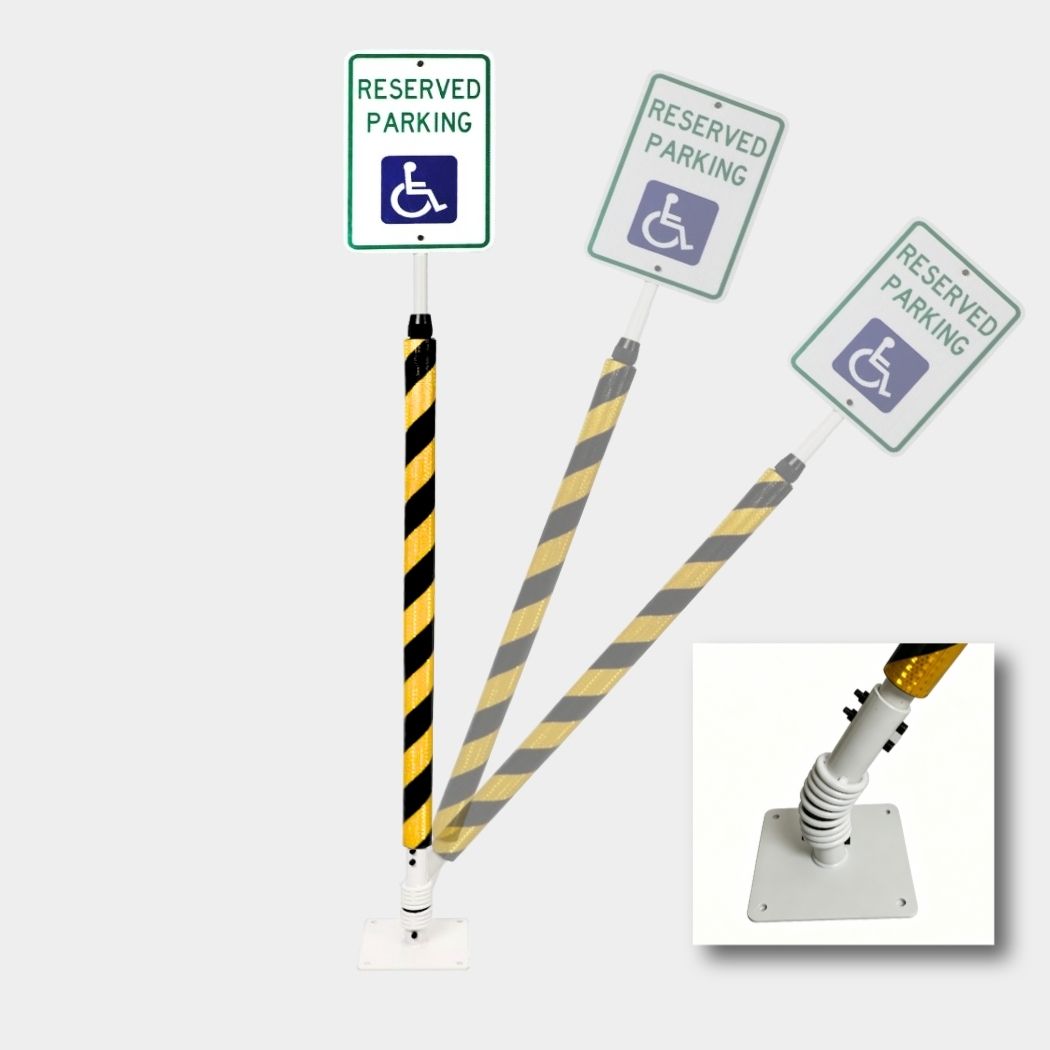 Impact Recovery Handicap Parking Sign Post w/ Reflective Striped Bollard Cover, 78"-102" Height Adjustable