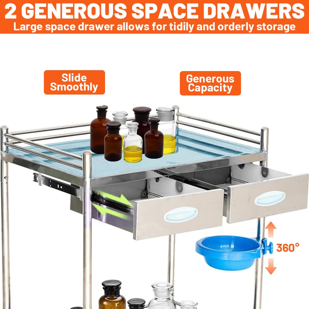 Holzoffer 2 Layers Lab Serving Cart, Lab Utility Rolling Stainless Steel Medical Clinic Trolley with 2 Drawers Lockable Wheels