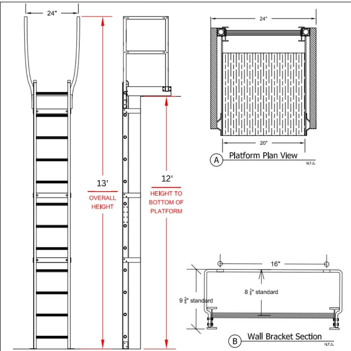 12' Roofing Ladder with Crossover Platform, Guardrails and Return ladder, Wall Mount, Silver