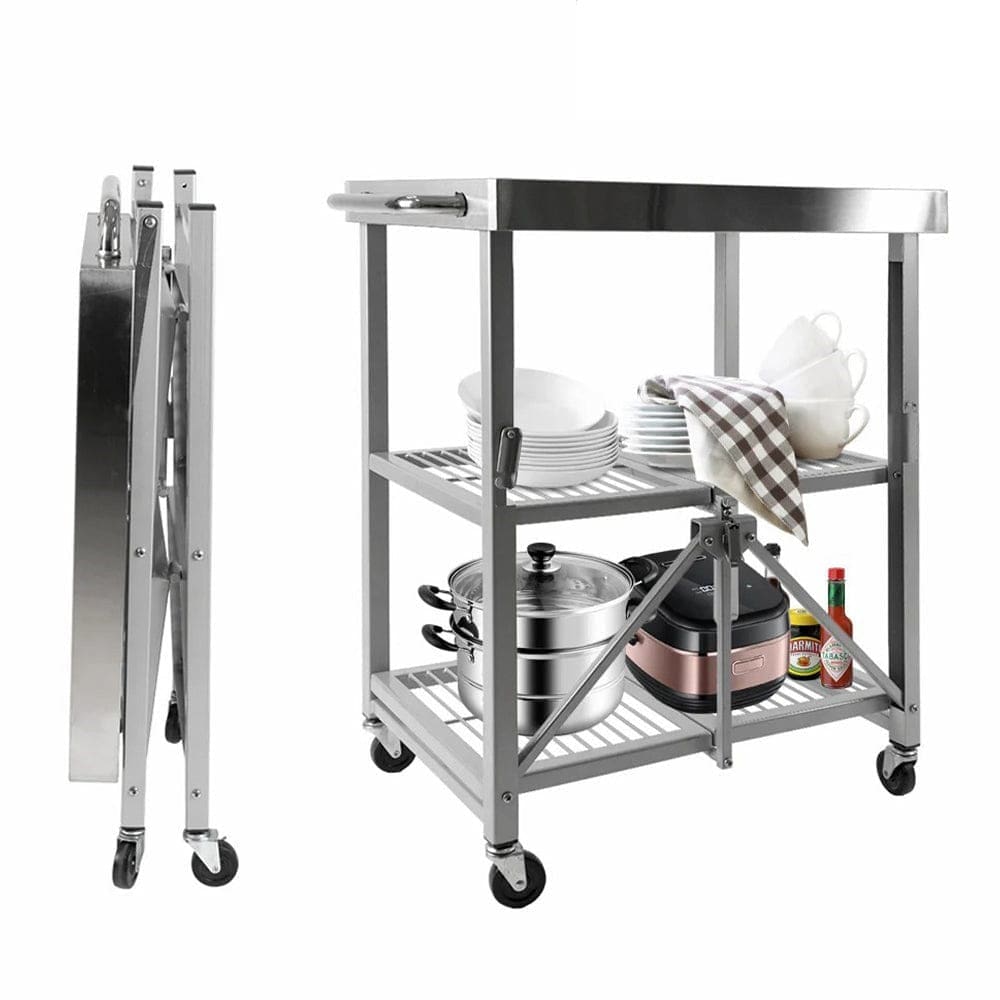 3-Shelf Foldable Rolling Stainless Steel Table Cart 25.75" x 20" x 36"H