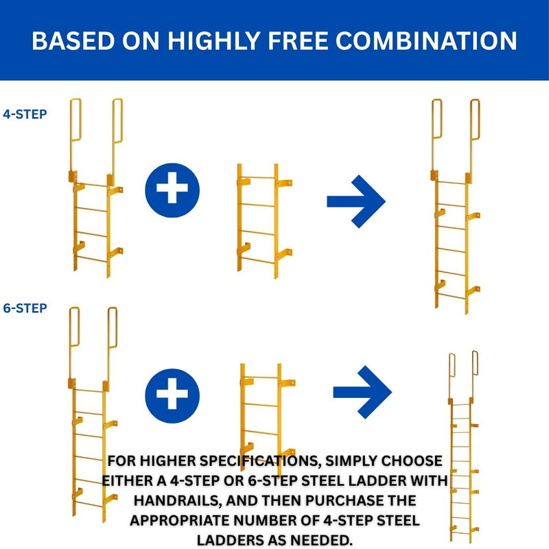12 Step Steel Roof Access Ladder 11'H, Wall Mount, Yellow