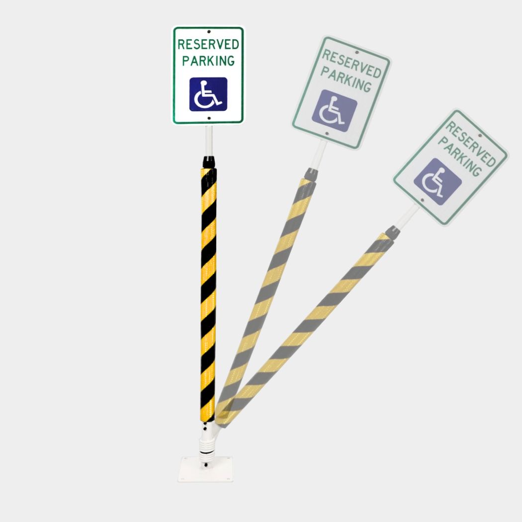 Impact Recovery Handicap Parking Sign Post w/ Reflective Striped Bollard Cover, 78"-102" Height Adjustable