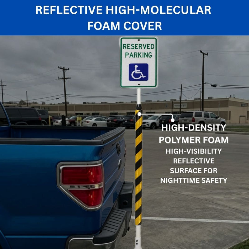 Impact Recovery Handicap Parking Sign Post w/ Reflective Striped Bollard Cover, 78"-102" Height Adjustable