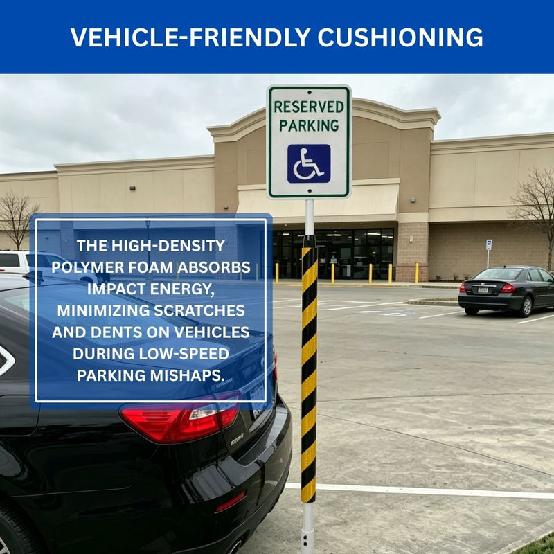 Impact Recovery Handicap Parking Sign Post w/ Reflective Striped Bollard Cover, 78"-102" Height Adjustable