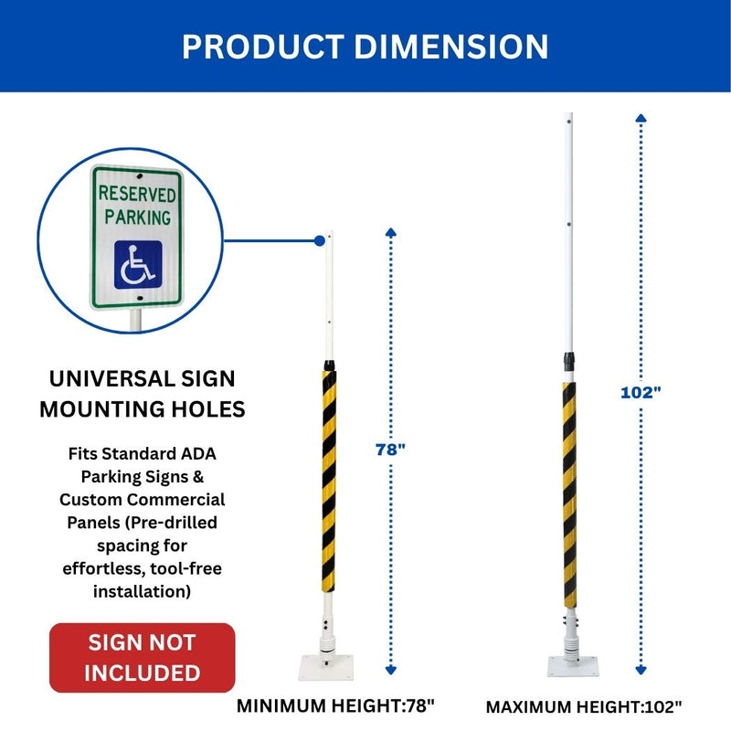 Impact Recovery Handicap Parking Post w/o Sign, Reflective Striped Bollard Cover, 78"-102" Height Adjustable