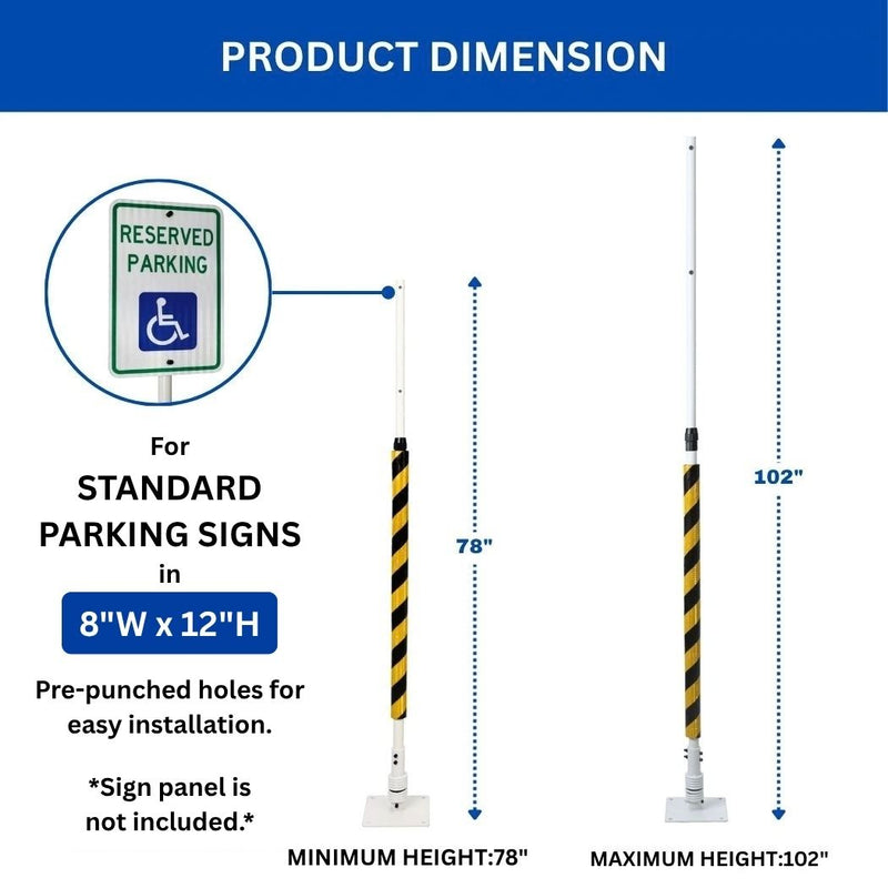 Impact Recovery Handicap Parking Post w/o Sign, Reflective Striped Bollard Cover, 78"-102" Height Adjustable
