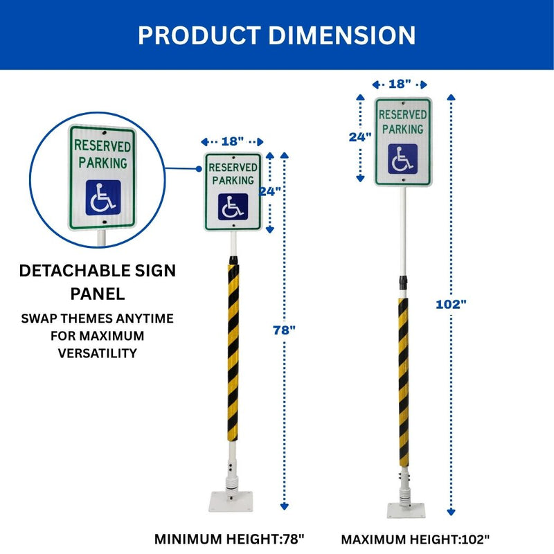 Impact Recovery Handicap Parking Sign Post w/ Reflective Striped Bollard Cover, 78"-102" Height Adjustable