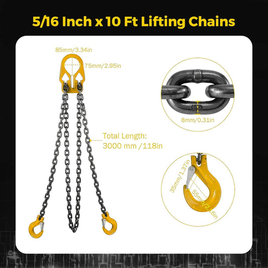 Holzoffer Lifting Chains with Adjuster Hooks, 5/16 Inch x 10 Ft, 7000lbs / 3.18 Tons, Chain Slings for Engine Hoist 2 Legs Industrial Grab Hook Heavy Duty