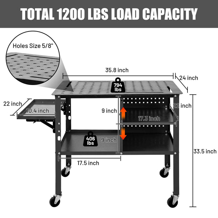 Welding Bench 36" x 24" x 33.5H" w/ Storage Shelves & Wheels