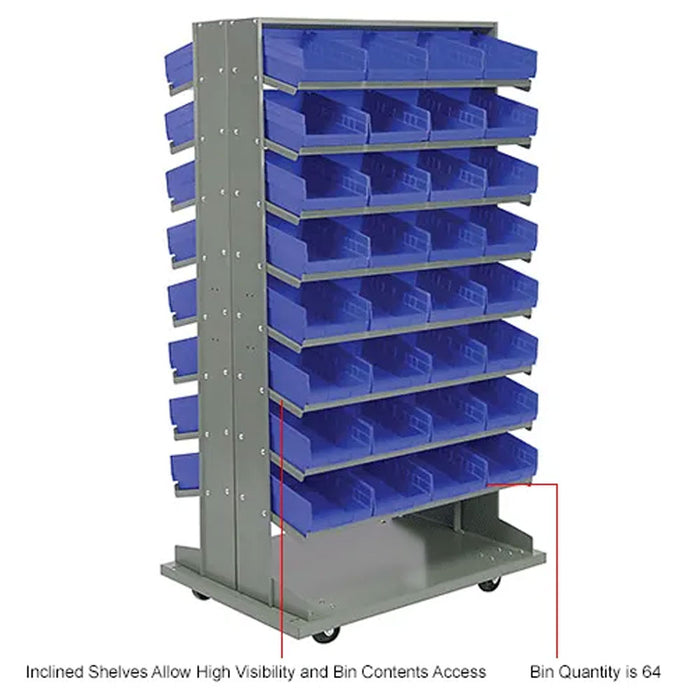 16 Shelf Double-Sided Mobile Pick Rack - 64 Blue Plastic Shelf Bin Storage Rack 8" Wide