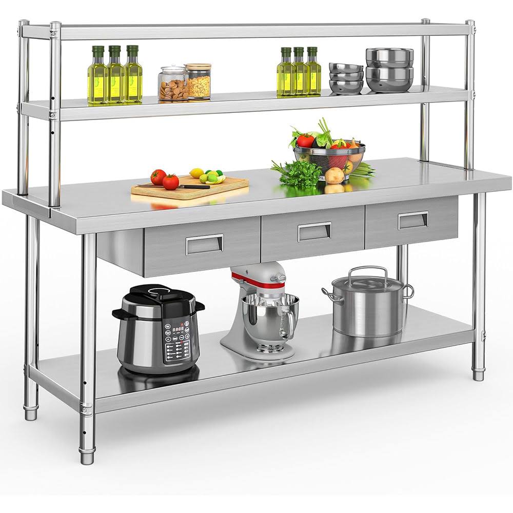 Holzoffer Stainless Steel Table with Overshelves & Drawers, 72" X 24" Work Table with 72" X 12" Shelf & 3 Drawers, Metal Table Prep Table