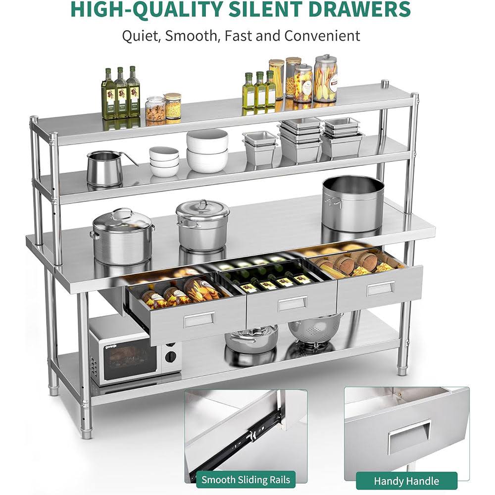 Holzoffer Stainless Steel Table with Overshelves & Drawers, 72" X 24" Work Table with 72" X 12" Shelf & 3 Drawers, Metal Table Prep Table