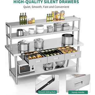 Holzoffer Stainless Steel Table with Overshelves & Drawers, 72