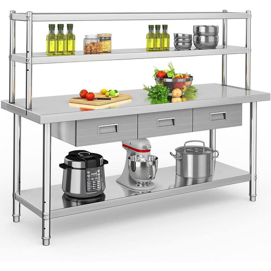 Holzoffer Stainless Steel Table with Overshelves & Drawers, 72" X 24" Work Table with 72" X 12" Shelf & 3 Drawers, Metal Table Prep Table