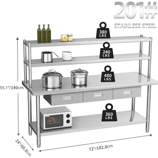 Holzoffer Stainless Steel Table with Overshelves & Drawers, 72" X 24" Work Table with 72" X 12" Shelf & 3 Drawers, Metal Table Prep Table