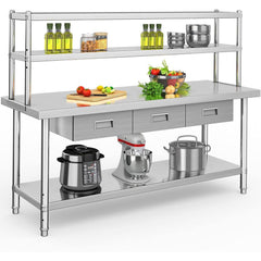 Holzoffer Stainless Steel Table with Overshelves & Drawers, 72" X 24" Work Table with 72" X 12" Shelf & 3 Drawers, Metal Table Prep Table