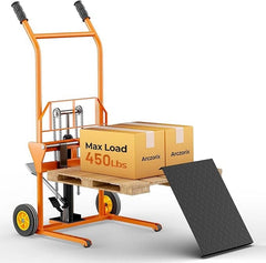 Holzoffer Hydraulic Material Lift Winch Stacker 441 Lbs 36” Max Lift with 9" Thick Rubber Wheels Removable Flat Bed 18.5" Thick Fork Arm, Pallet Truck Dolly Lift Table Fork Lift