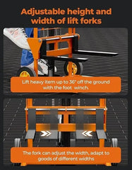 Holzoffer Hydraulic Material Lift Winch Stacker 441 Lbs 36” Max Lift with 9" Thick Rubber Wheels Removable Flat Bed 18.5" Thick Fork Arm, Pallet Truck Dolly Lift Table Fork Lift