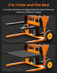 Holzoffer Hydraulic Material Lift Winch Stacker 441 Lbs 36” Max Lift with 9" Thick Rubber Wheels Removable Flat Bed 18.5" Thick Fork Arm, Pallet Truck Dolly Lift Table Fork Lift